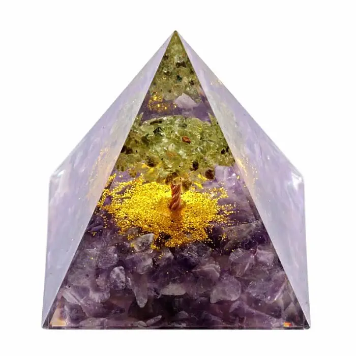Orgonit pyramida s ametystem Strom života z olivínu - 6 x 6 x 6,6 cm