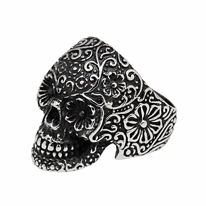 Pánský ocelový prsten Květinová calavera