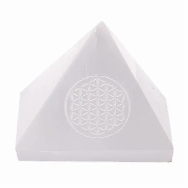 Selenit pyramida s Květinou života - cca 5 x 5 cm