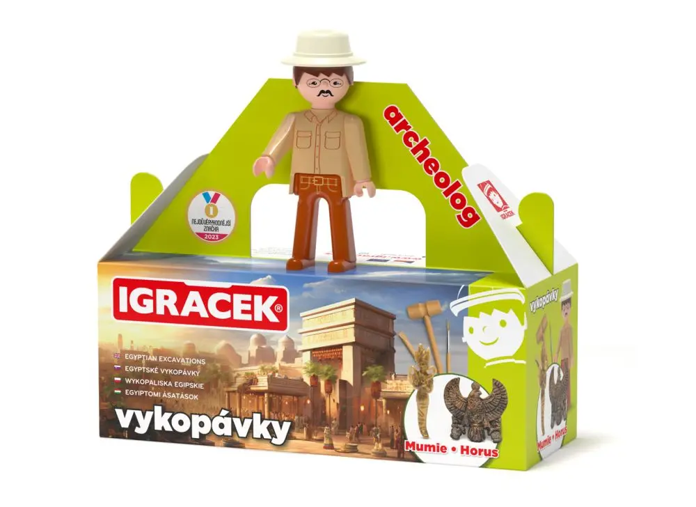 Igráček Archeolog - figurka s egyptskými vykopávkami mumie a sošky boha Hora - Efko