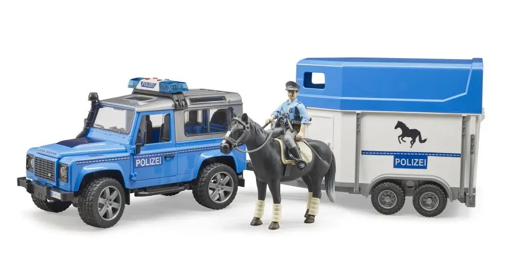 Bruder 2588 Policejní Land Rover Defender, přívěs pro koně, kůň a policista