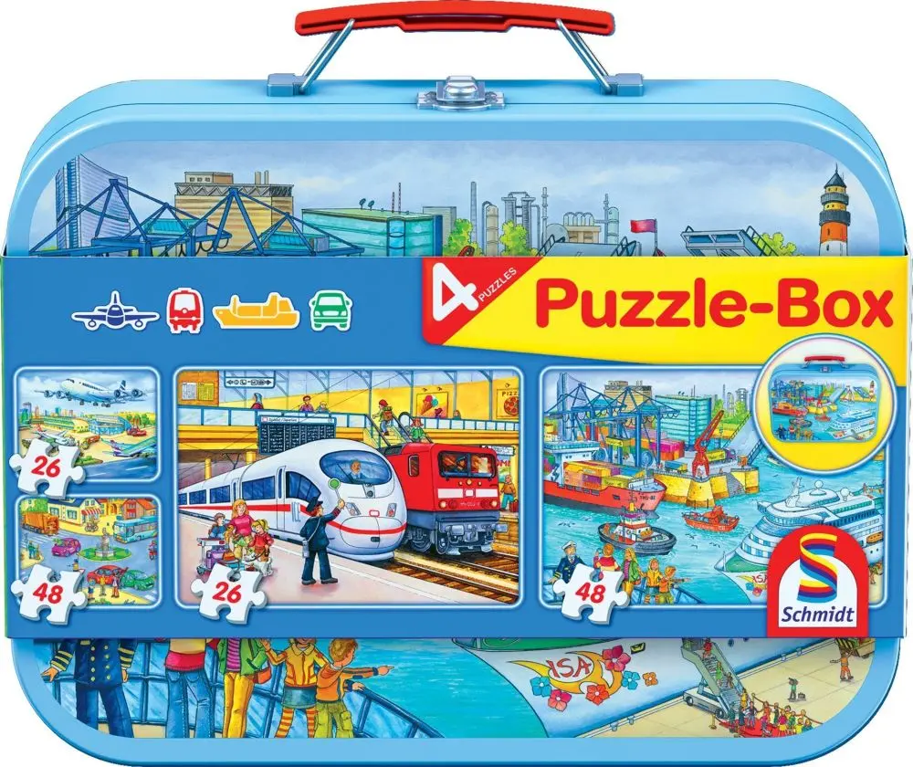 Schmidt puzzle Doprava 4v1 v plechovém kufříku 2×26 + 2×48