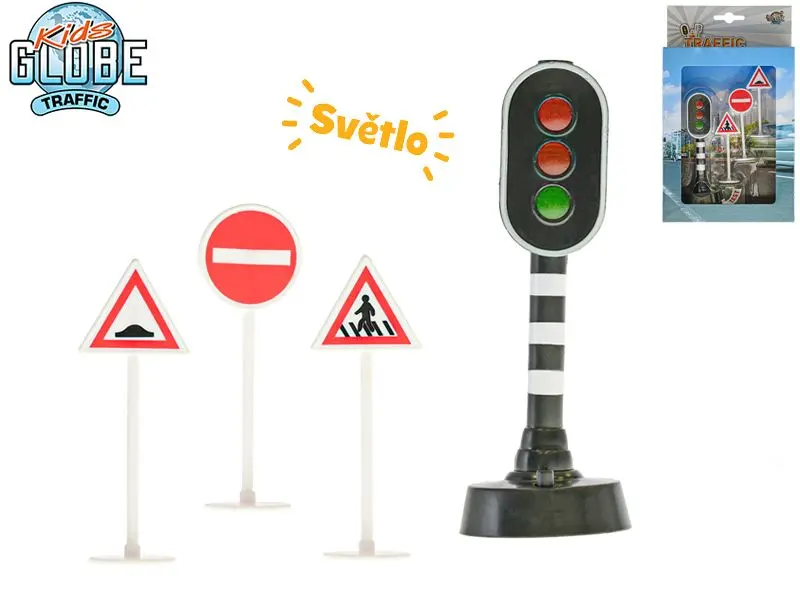 Teddies Mikro Trading Semafor funkční+3 dopravní značky na baterie CR2032 se světlem v krabičce