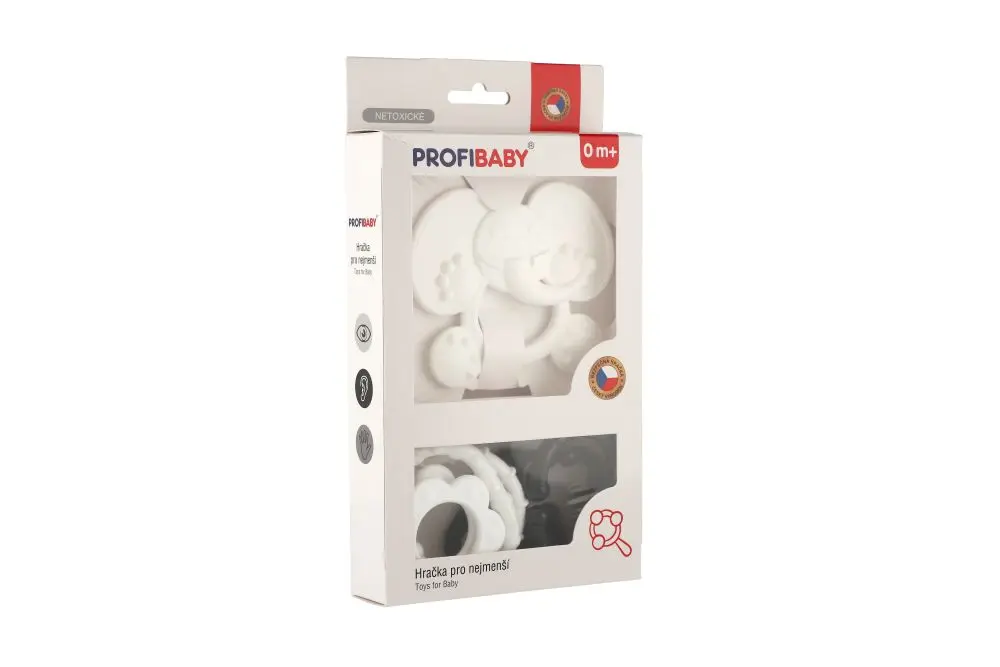 Profibaby kousátko zvířátko + přívěsky plast černobílá v krabičce 13x23x3cm