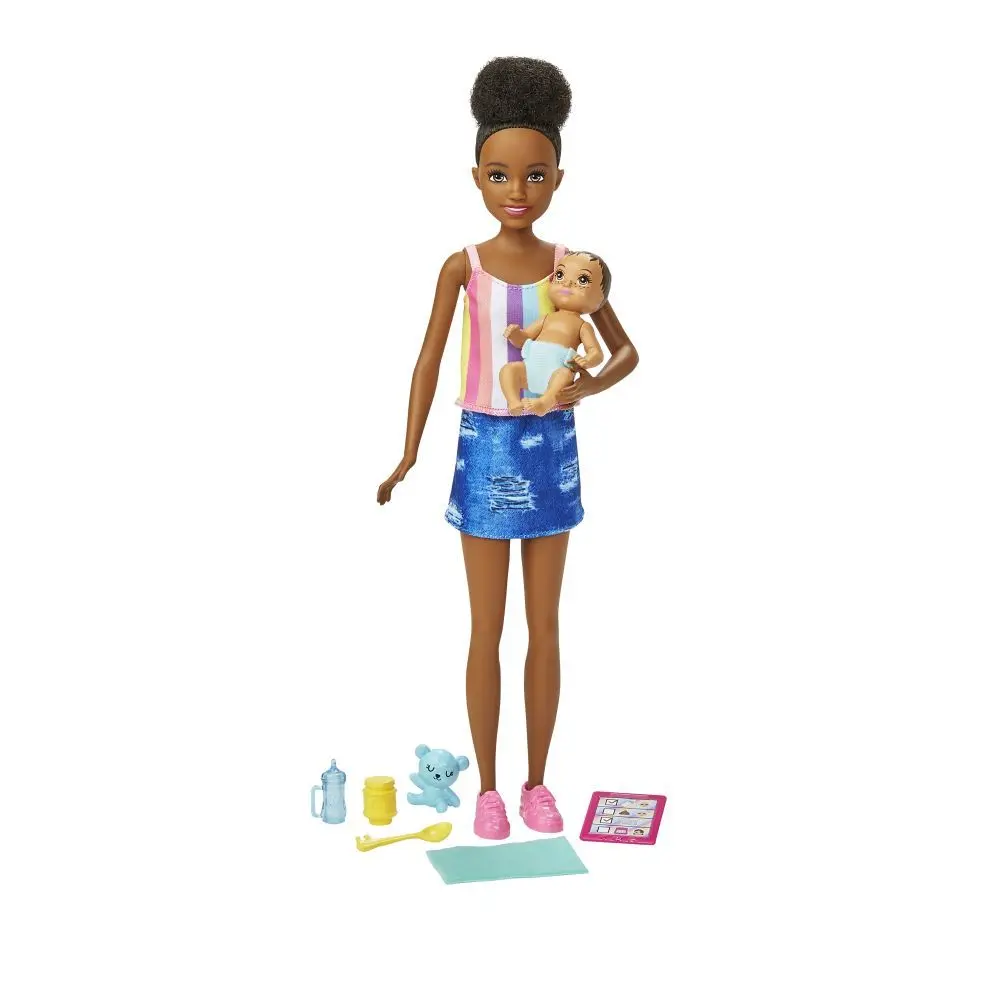 Barbie chůva černoška + miminko s doplňky, mattel grp12
