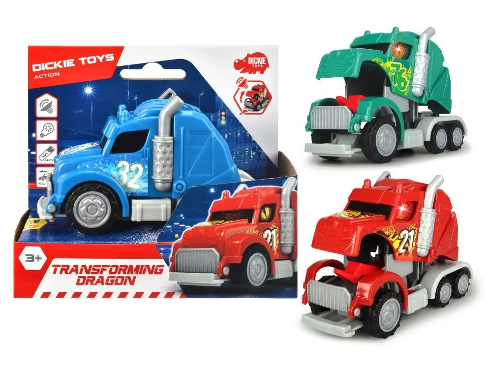 DICKIE Auto tahač drak s transformací zpětný chod 2v1 na baterie Světlo Zvuk