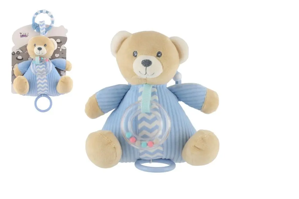 Teddies Medvěd natahovací hrací strojek s chrastítkem plyš 18x18cm modrý na kartě v sáčku 0+