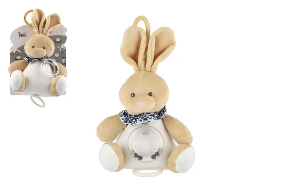 Teddies Zajíc plyš 18cm závěs na postýlku/kočárek nat. hrací strojek béžový na kartě v sáčku 0+