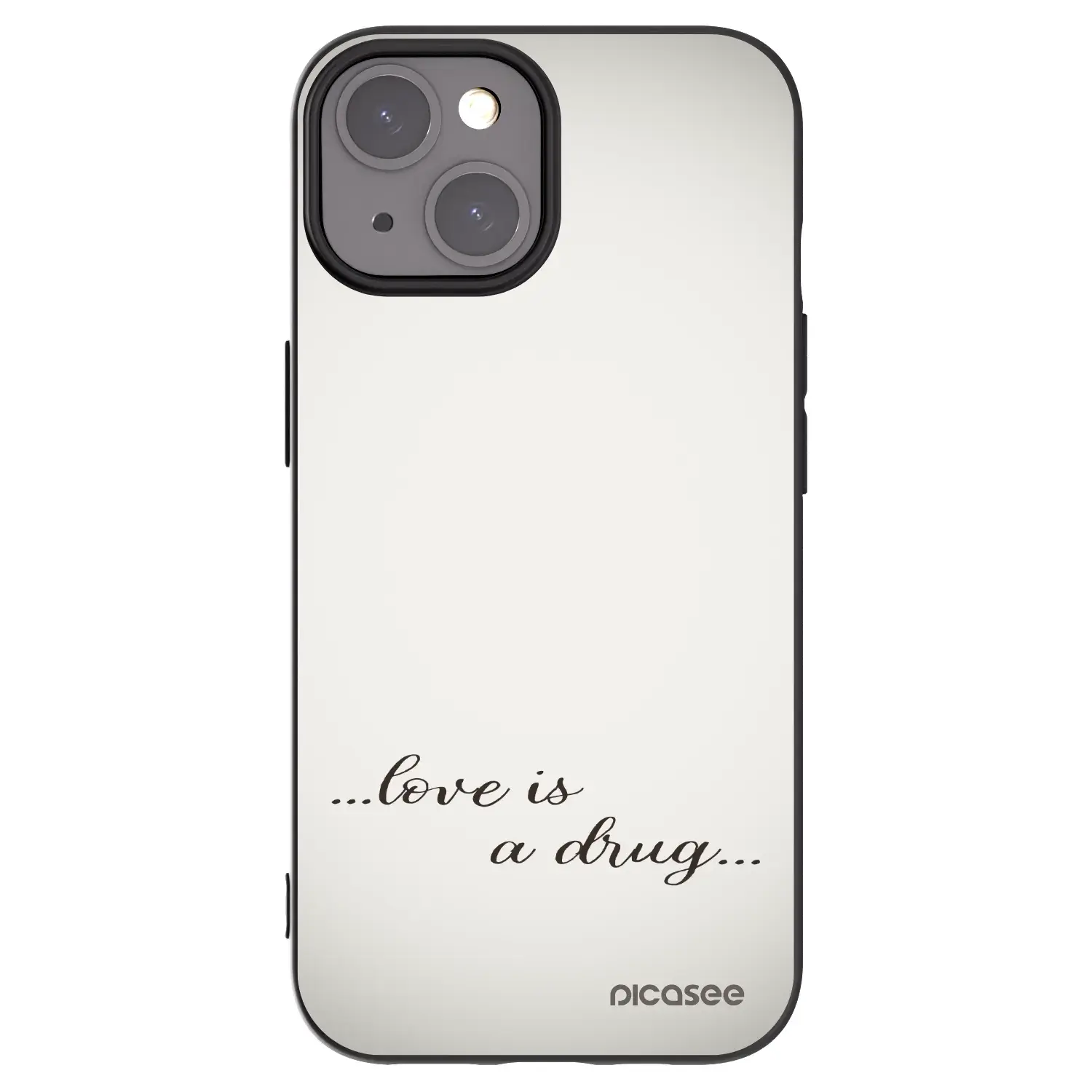 Silikonový černý obal pro Apple iPhone 15 - Love is a drug