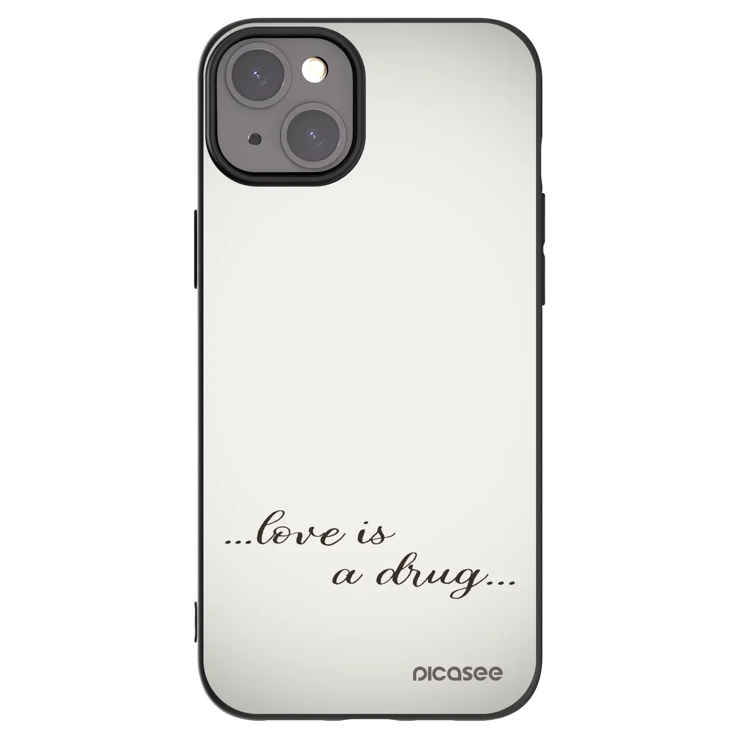 Silikonový černý obal pro Apple iPhone 15 Plus - Love is a drug