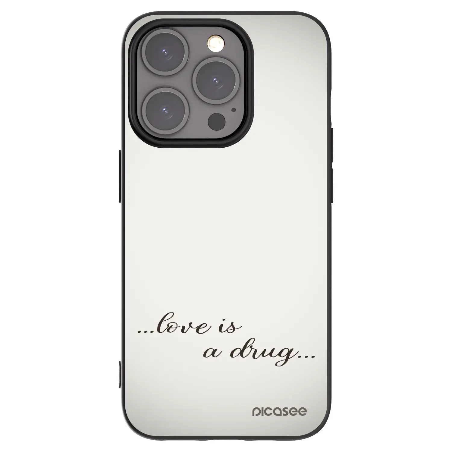 Silikonový černý obal pro Apple iPhone 15 Pro - Love is a drug