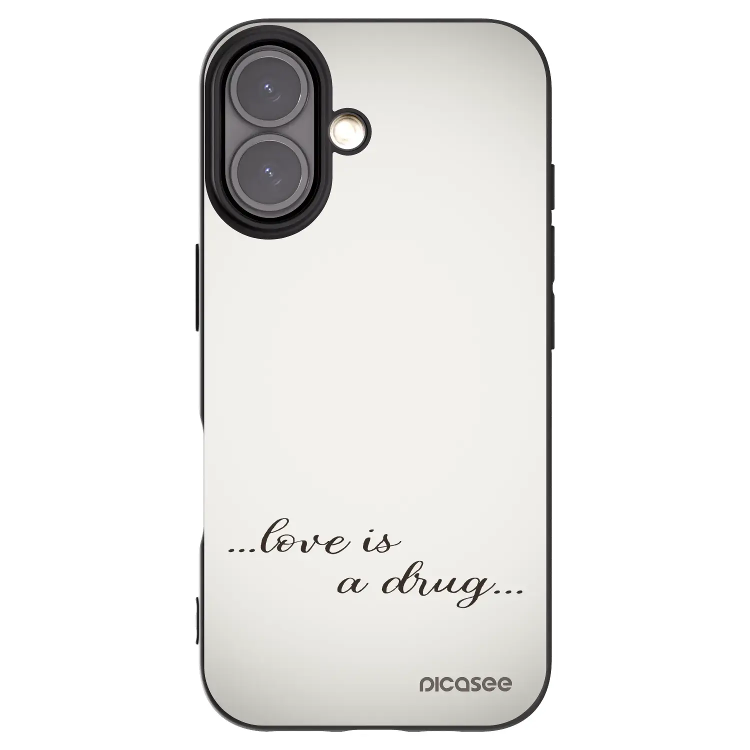 Silikonový černý obal pro Apple iPhone 16 - Love is a drug