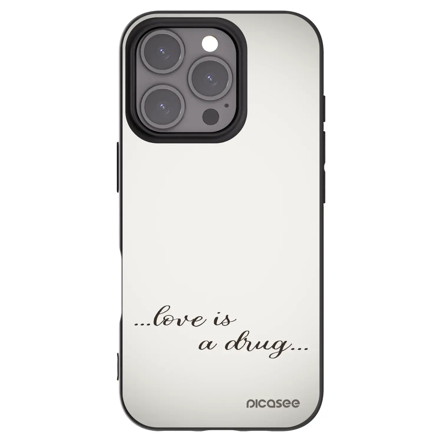 Silikonový černý obal pro Apple iPhone 16 Pro - Love is a drug