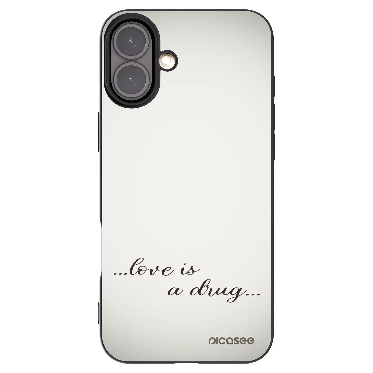 Silikonový černý obal pro Apple iPhone 16 Plus - Love is a drug