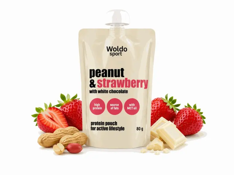 Woldohealth Proteinová kapsička arašídy &amp; jahoda 80g - Woldohealth