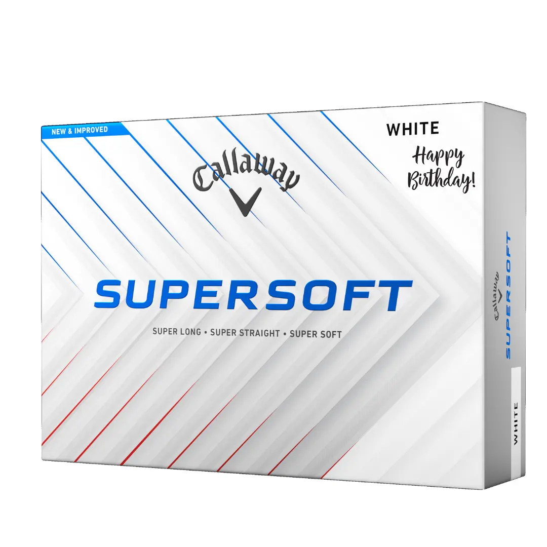 Callaway Supersoft 25 golfové míče - bílé s potiskem HAPPY BIRTHDAY 12 ks