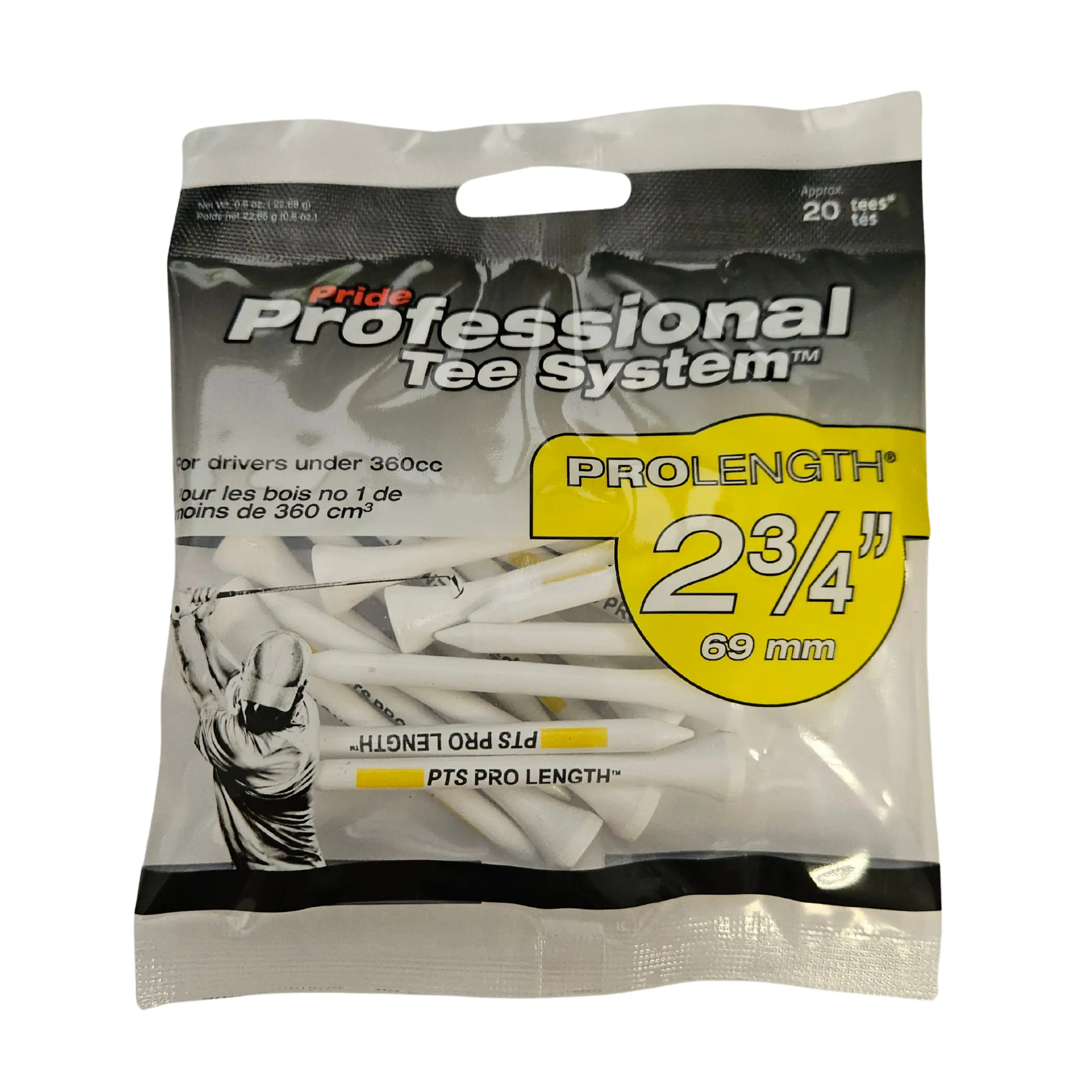 Pride Professional Tee System dřevěná týčka 69 mm, 20 ks, bílá/žlutá