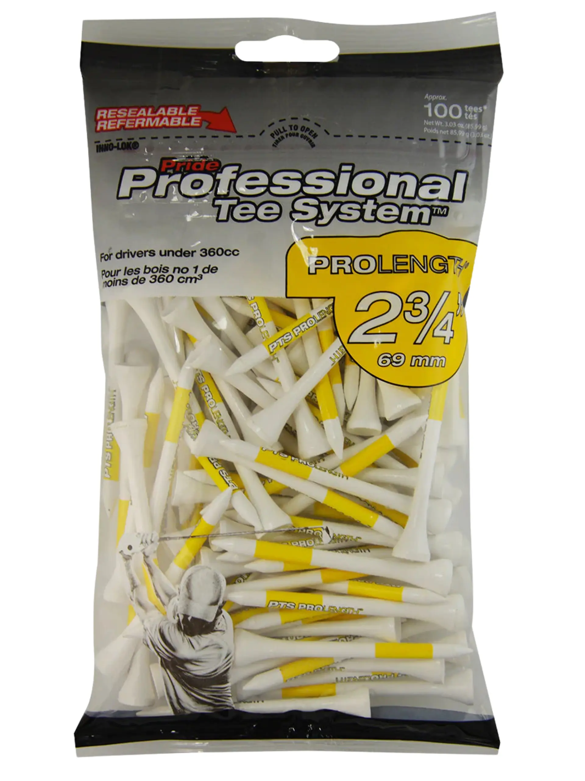 Pride Professional Tee System dřevěná týčka 69 mm, 100 ks, bílá/žlutá
