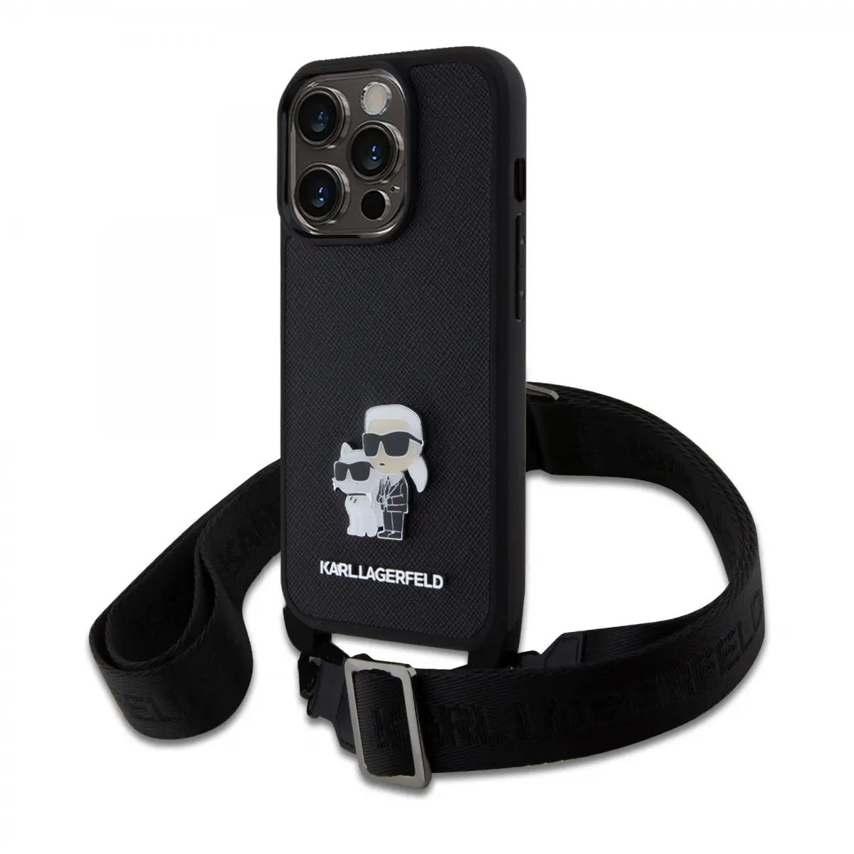 Karl Lagerfeld Saffiano Crossbody Popruh Metal Karl and Choupette Zadní Kryt pro iPhone 15 Pro Black KLHCP15LSAKCPBK