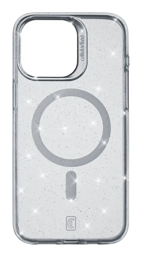 Třpytivý zadní kryt Cellularline Sparkle Mag s podporou Magsafe pro Apple iPhone 15 Pro Max, čirý SPARKMAGIPH15PRMT