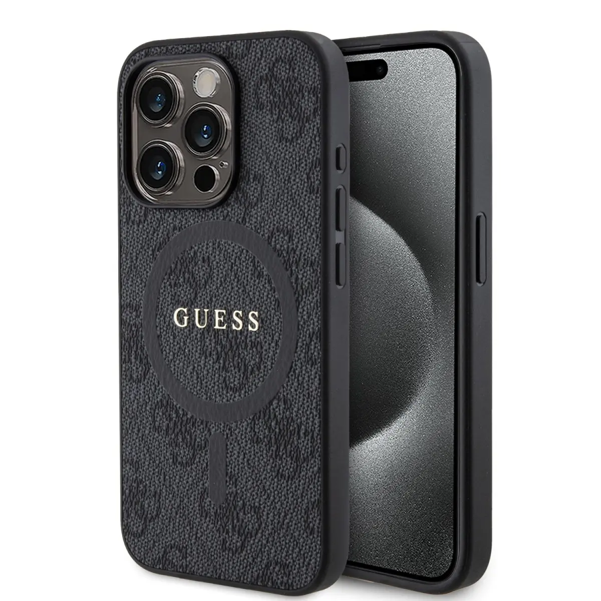 Guess PU Leather 4G Colored Ring MagSafe kryt iPhone 15 Pro černý