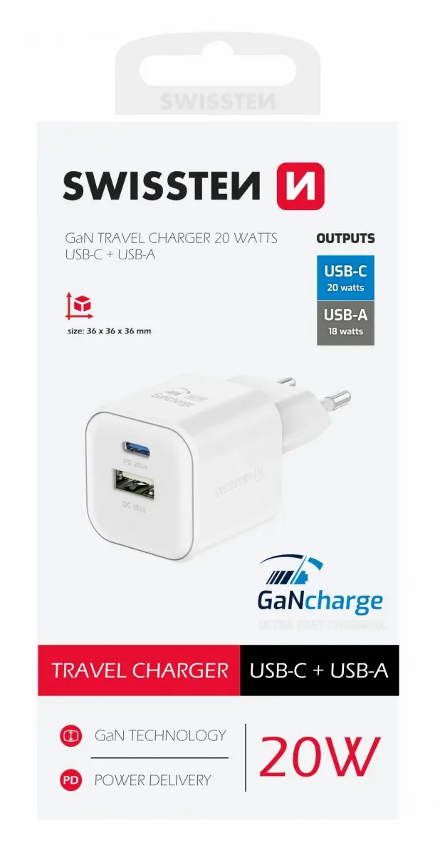 Nabíječka SWISSTEN Power Delivery USB-C + USB-A 20W bílá