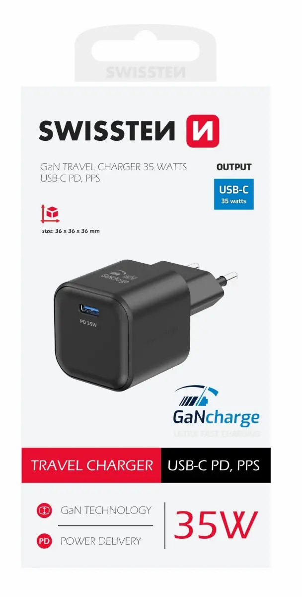 SWISSTEN SÍŤOVÝ ADAPTÉR GaN 1x USB-C 35W POWER DELIVERY ČERNÝ 22070210