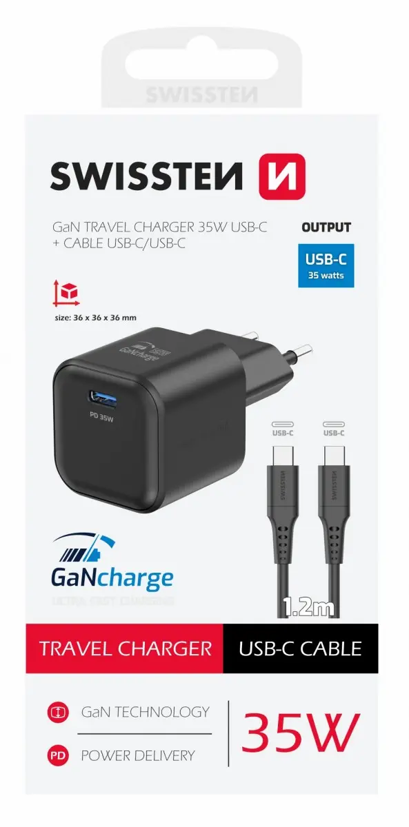 SWISSTEN SÍŤOVÝ ADAPTÉR GaN 1x USB-C 35W POWER DELIVERY ČERNÝ + DATOVÝ KABEL USB-C/USB-C 1,2 M ČERNÝ 22070230