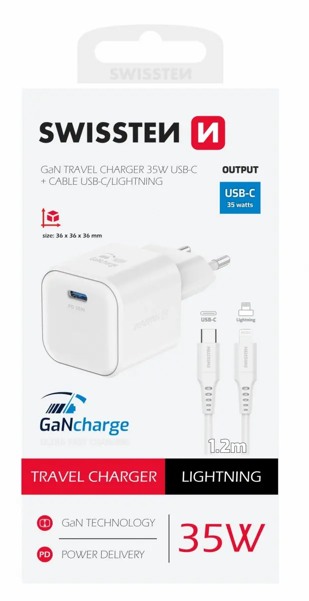 SWISSTEN SÍŤOVÝ ADAPTÉR GaN 1x USB-C 35W POWER DELIVERY BÍLÝ + DATOVÝ KABEL USB-C/LIGHTNING 1,2 M BÍ 22070240