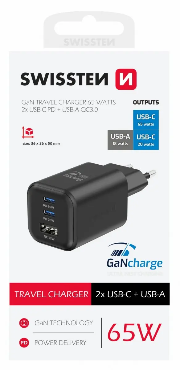 Adaptér Swissten s funkcí rychlonabíjení 1x USB-A, 2X USB-C 65W černý