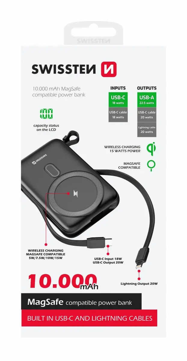 Powerbanka Swissten 10000 mAh s funkcí rychlonabíjení 20W s kabely USB-C a Lightning (kompatibilní s magsafe)