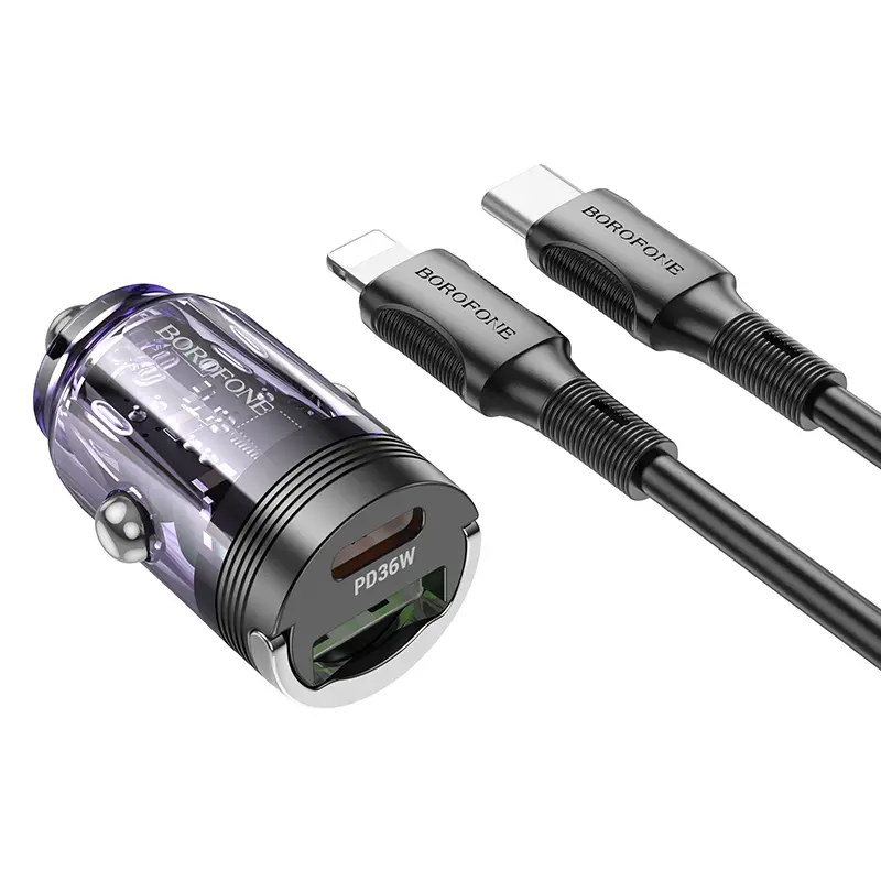 Rychlonabíječka do auta Borofone BBZ29A vč. datového kabelu Lightning Dual 36W transparentní-fialová
