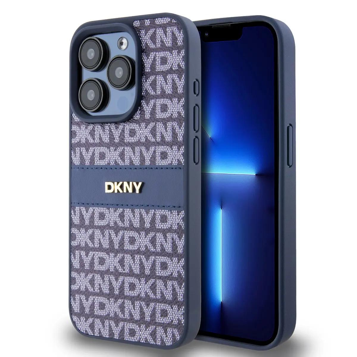 DKNY PU Leather Repeat Pattern Tonal Stripe Zadní Kryt pro iPhone 15 Pro Blue DKHCP15LPRTHSLB