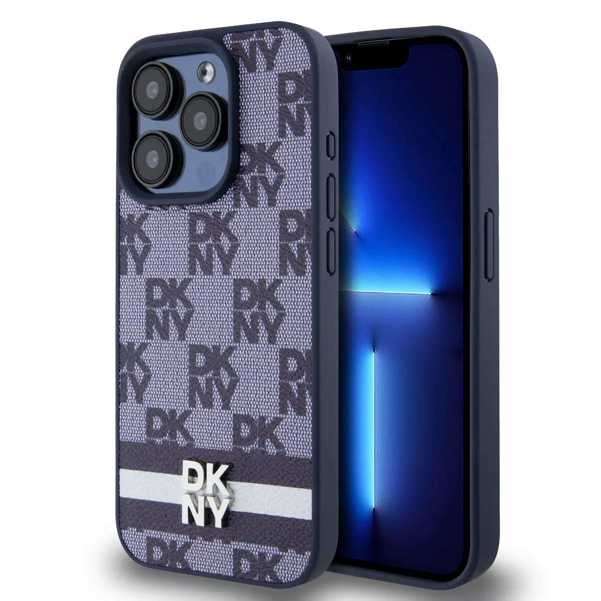 Zadní Kryt DKNY PU Leather Checkered Pattern and Stripe pro iPhone 15 Pro modrý