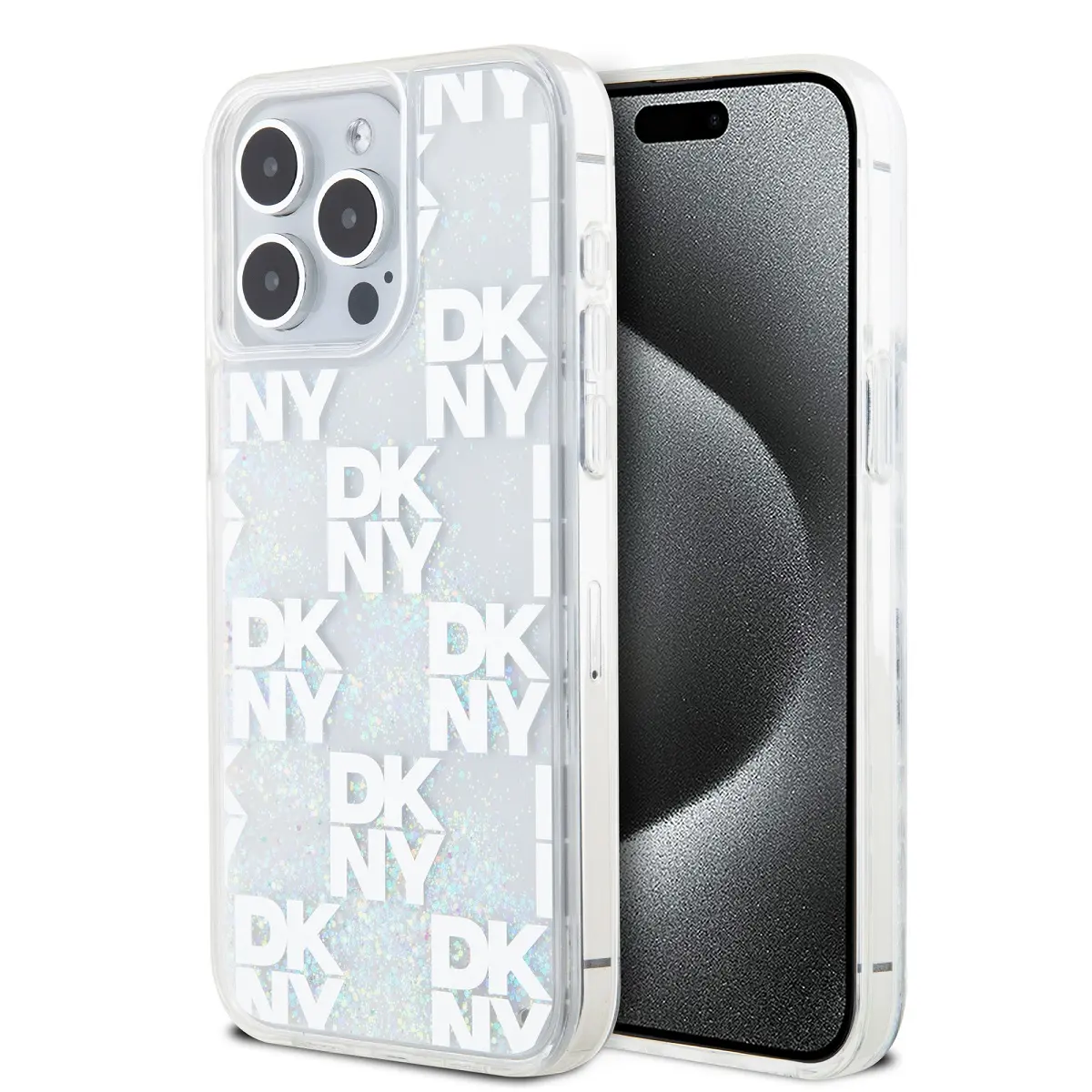 DKNY Liquid Glitter Checkered Pattern Zadní Kryt pro iPhone 15 Pro Max Transparent DKHCP15XLCPEPT