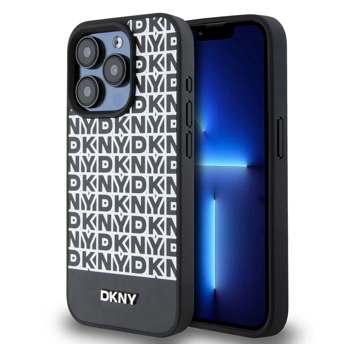 DKNY PU Leather Repeat Pattern Bottom Stripe MagSafe Zadní Kryt pro iPhone 13 Pro Max Black DKHMP13XPSOSPK