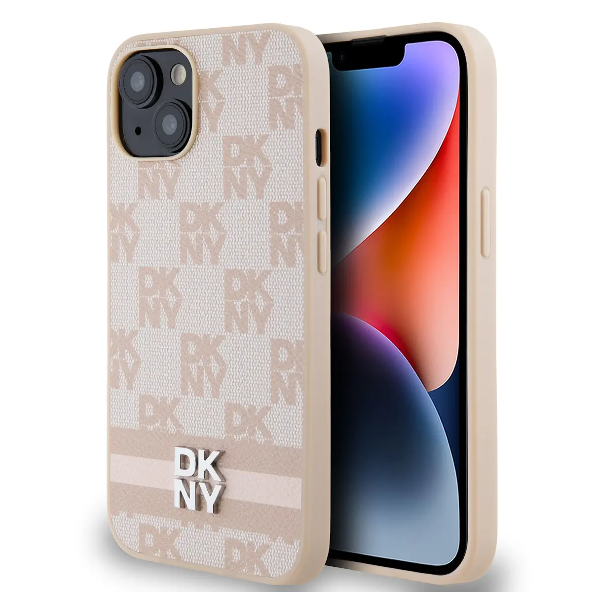 DKNY PU Leather Checkered Pattern and Stripe Zadní Kryt pro iPhone 14 Pink DKHCP14SPCPTSSP
