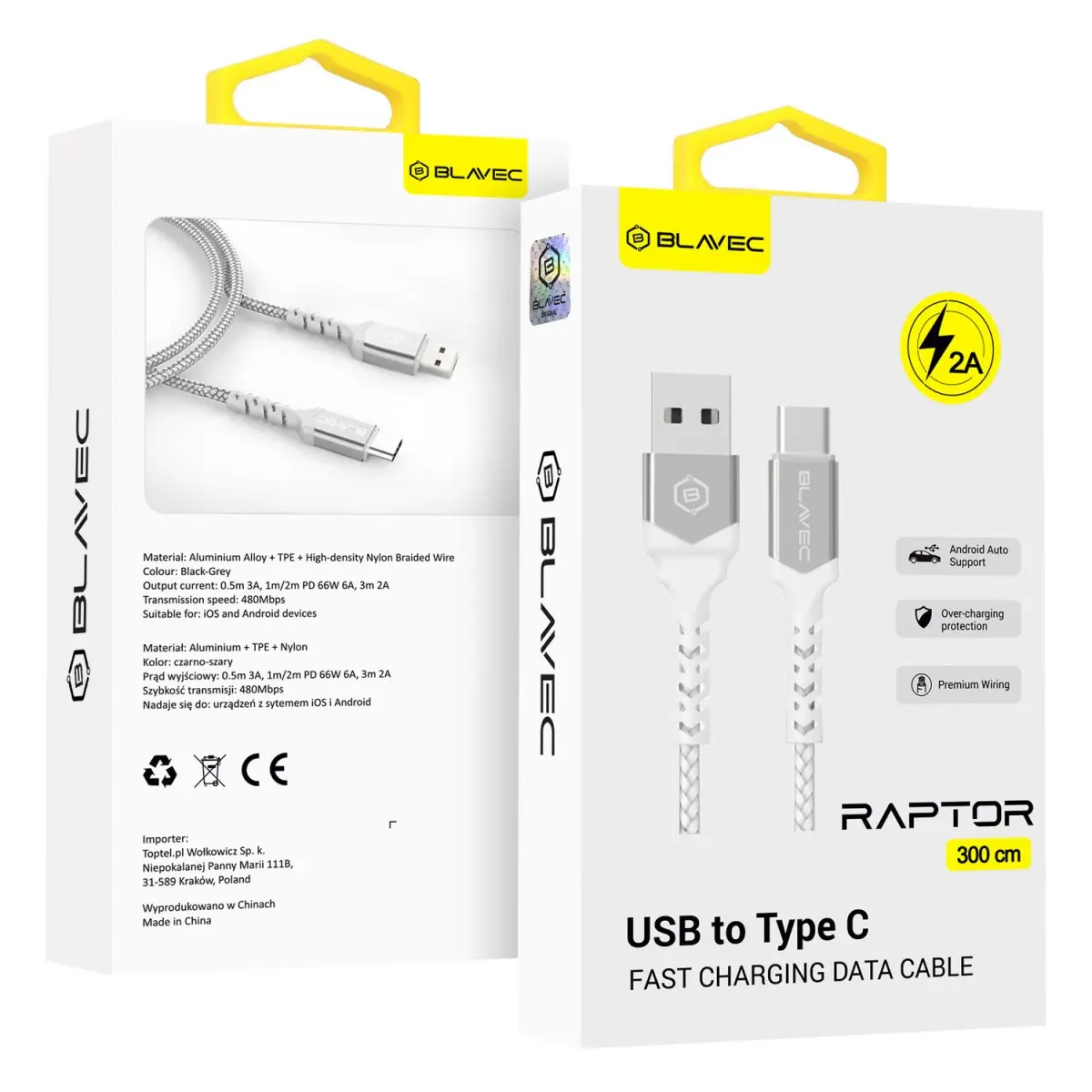 Datový kabel Blavec Raptor Braided - USB na typ C - 2A 3m (CRA-UC2WS30) bílo-stříbrný
