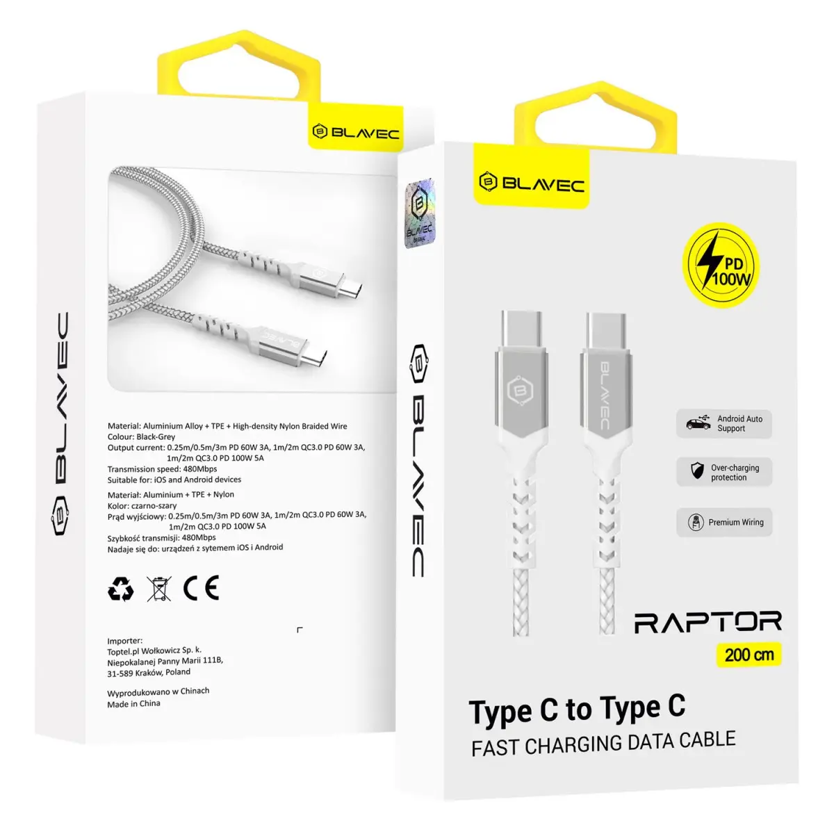 Datový kabel Blavec Raptor Braided - typ C na typ C - PD 100W 5A 2m (CRA-CC5WS20) bílo-stříbrný