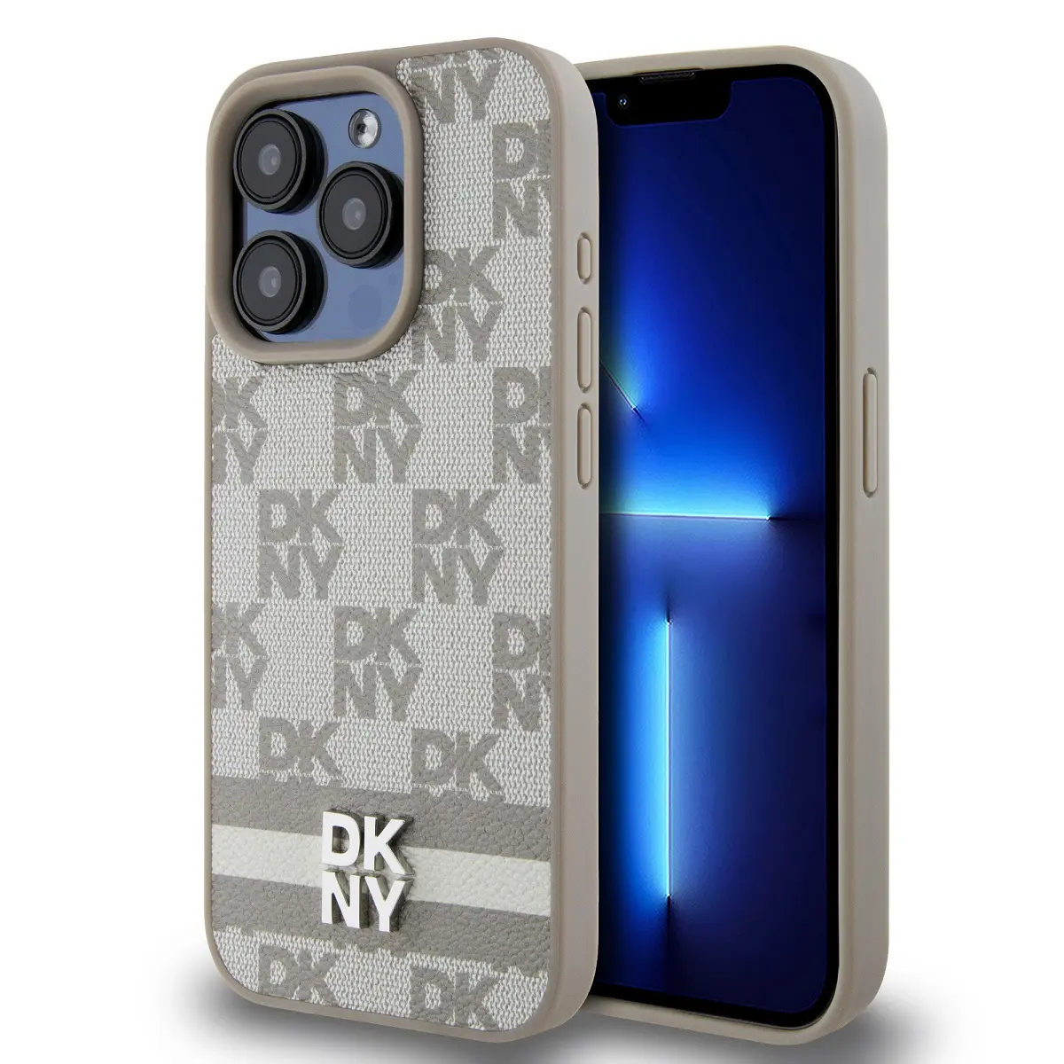 DKNY PU Leather Checkered Pattern and Stripe Zadní Kryt pro iPhone 13 Pro Beige DKHCP13LPCPTSSE