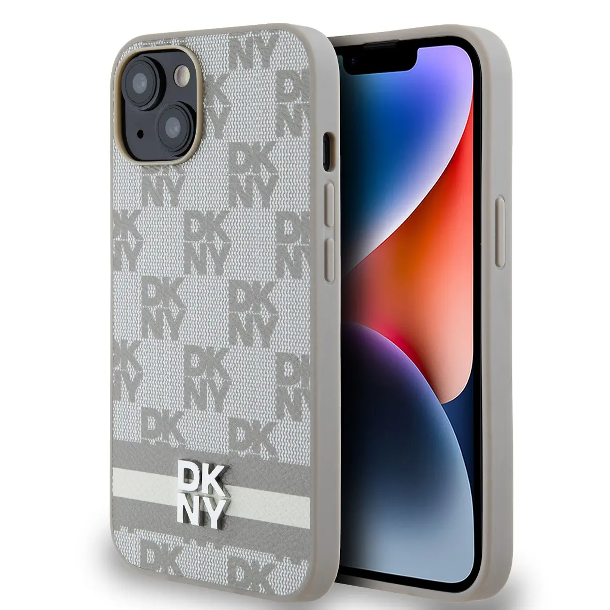 DKNY PU Leather Checkered Pattern and Stripe Zadní Kryt pro iPhone 15 Beige DKHCP15SPCPTSSE