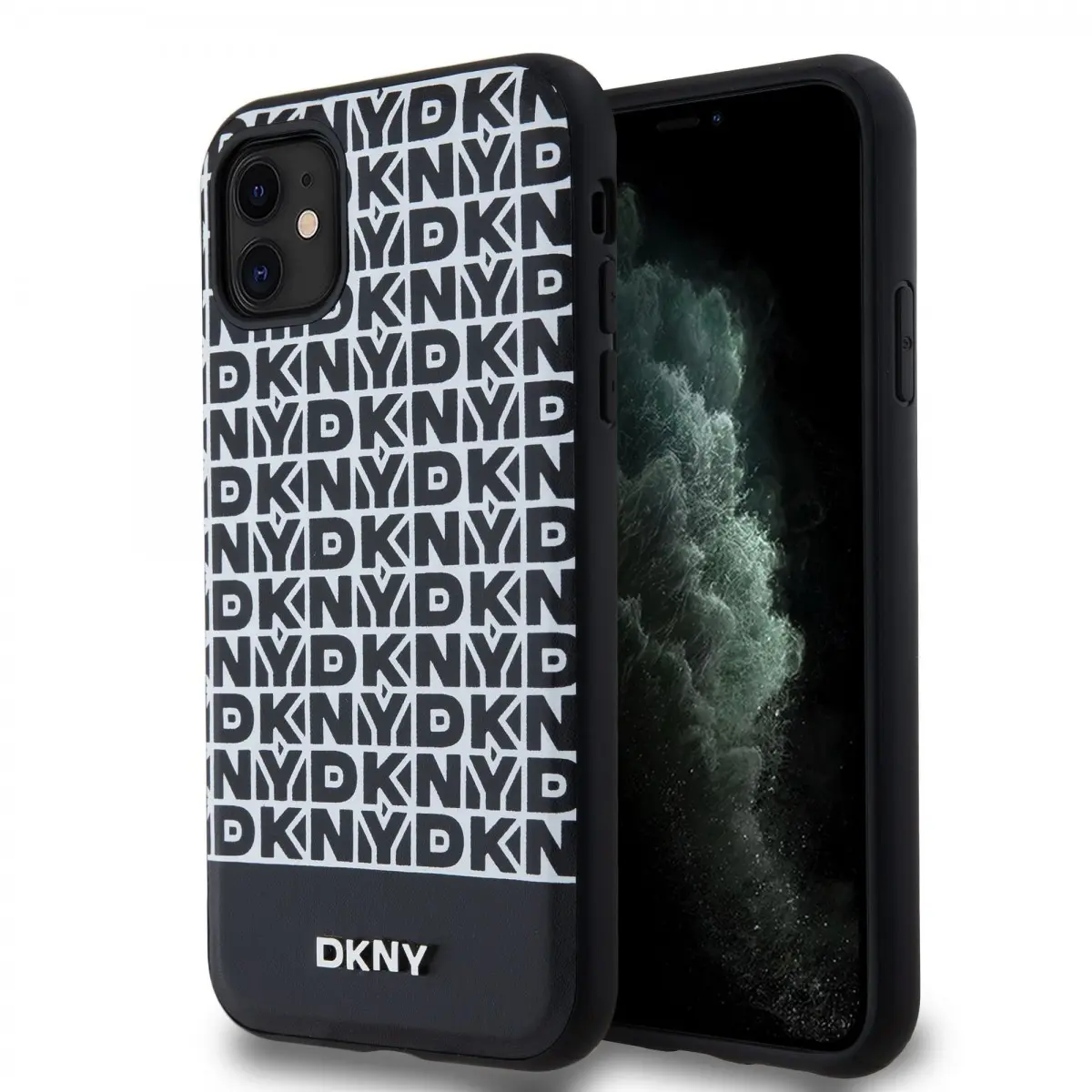 DKNY PU Leather Repeat Pattern Bottom Stripe MagSafe Zadní Kryt pro iPhone 11 Black DKHMN61PSOSPK