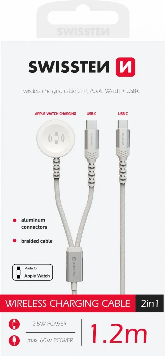 Swissten 22065504 OPLETENÝ MAGNETICKÝ 2v1 PRO APPLE WATCH A USB-C, USB-C, 1,2m, bílý, 22065504