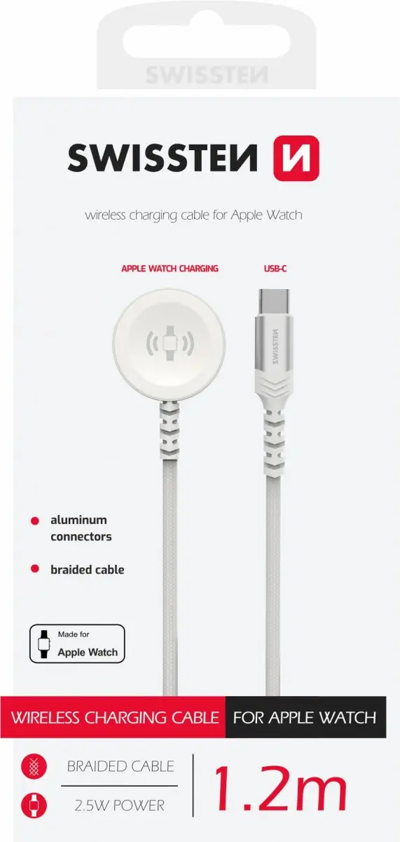 SWISSTEN OPLETENÝ MAGNETICKÝ KABEL PRO APPLE WATCH KOVOVÝ, USB-C 1.2 M BÍLÝ 22065502