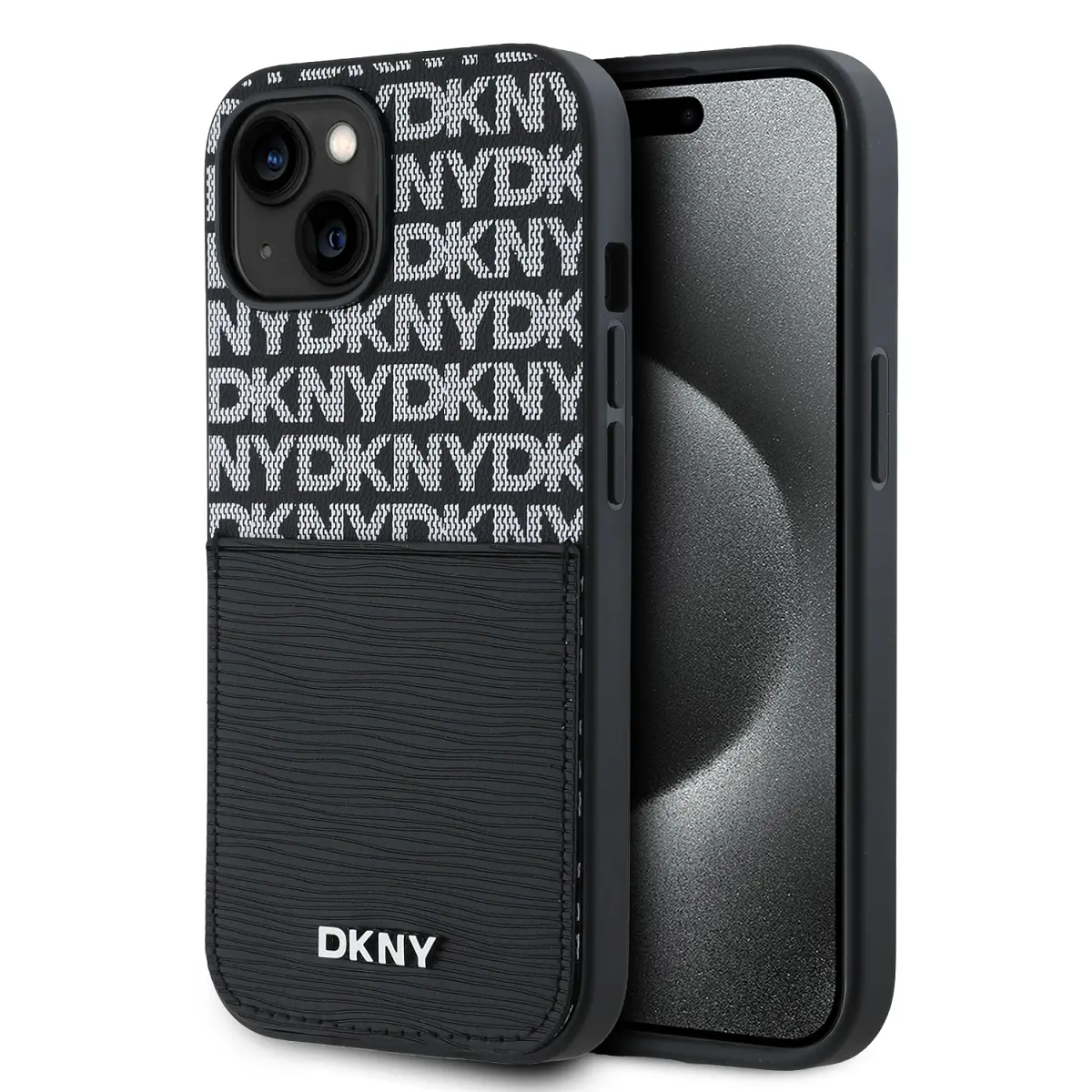 DKNY PU Leather Repeat Pattern Card Pocket Zadní Kryt pro iPhone 15 Black DKHCP15SPCRTHLK