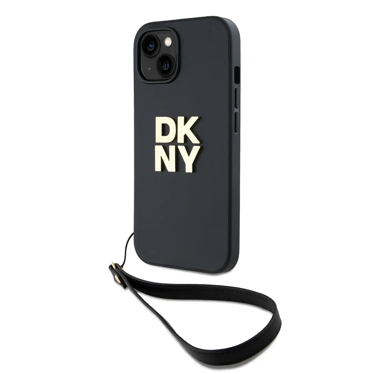 DKNY PU Leather Stack Logo Wrist Strap Zadní Kryt pro iPhone 14 Black DKHCP14SPBSWSK