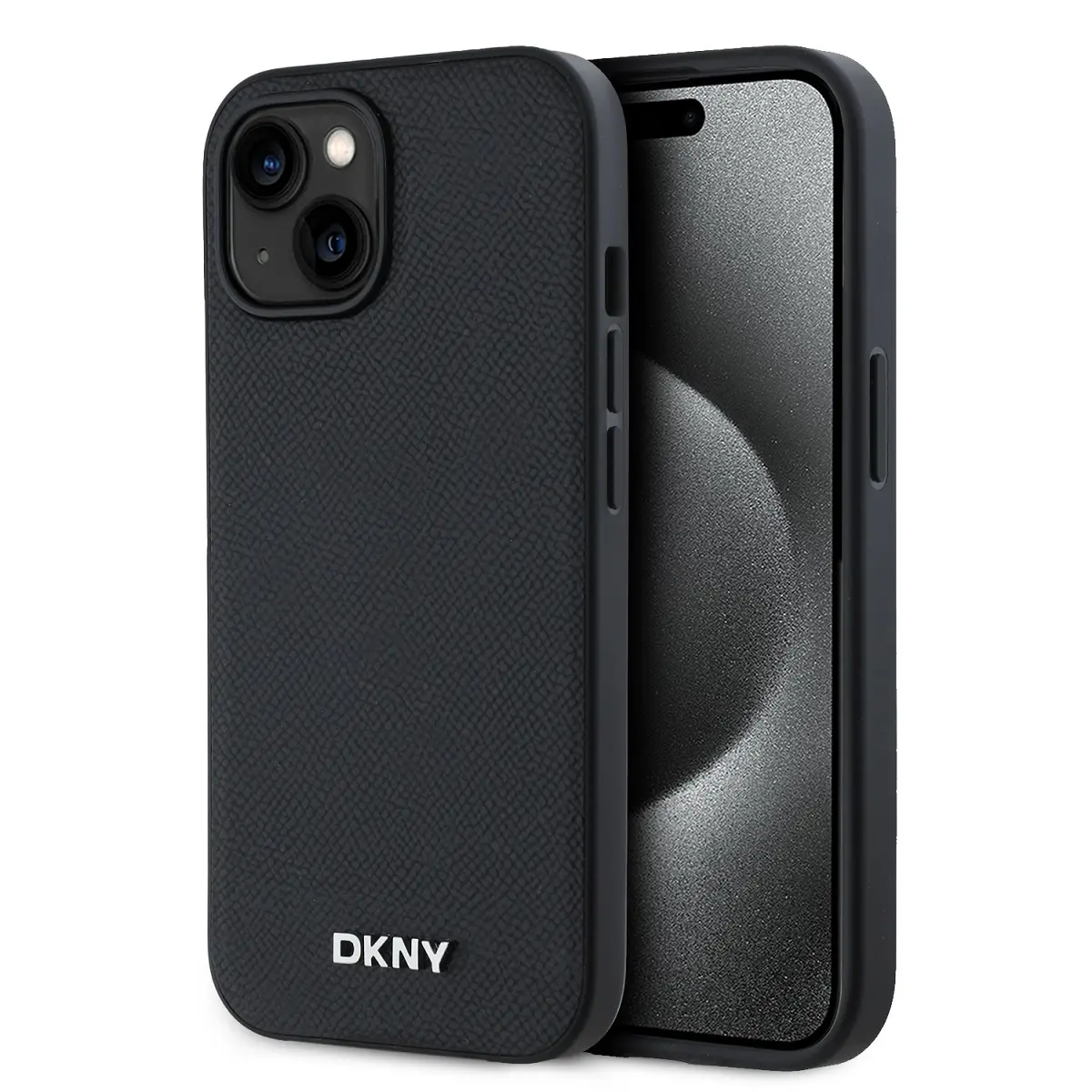 DKNY PU Leather Silver Metal Logo Magsafe Zadní Kryt pro iPhone 14 Black DKHMP14SPGHLMK