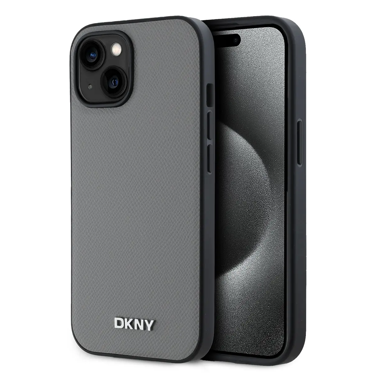 DKNY PU Leather Silver Metal Logo Magsafe Zadní Kryt pro iPhone 13 Grey DKHMP13MPGHLMS