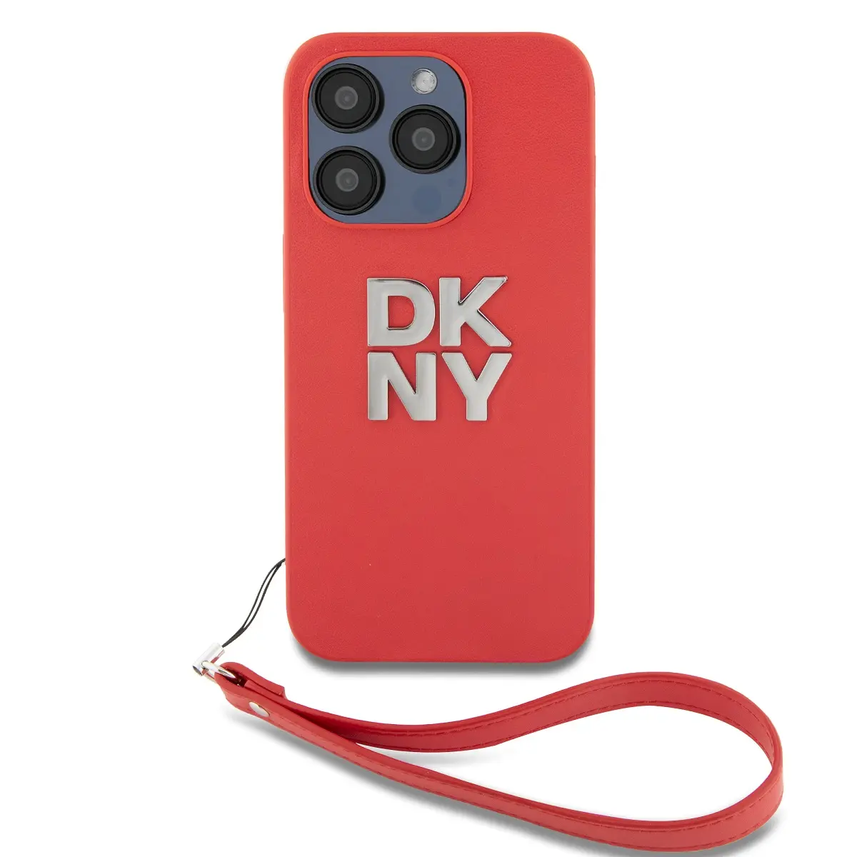 DKNY PU Leather Stack Logo Wrist Strap Zadní Kryt pro iPhone 15 Pro Red DKHCP15LPBSWSP