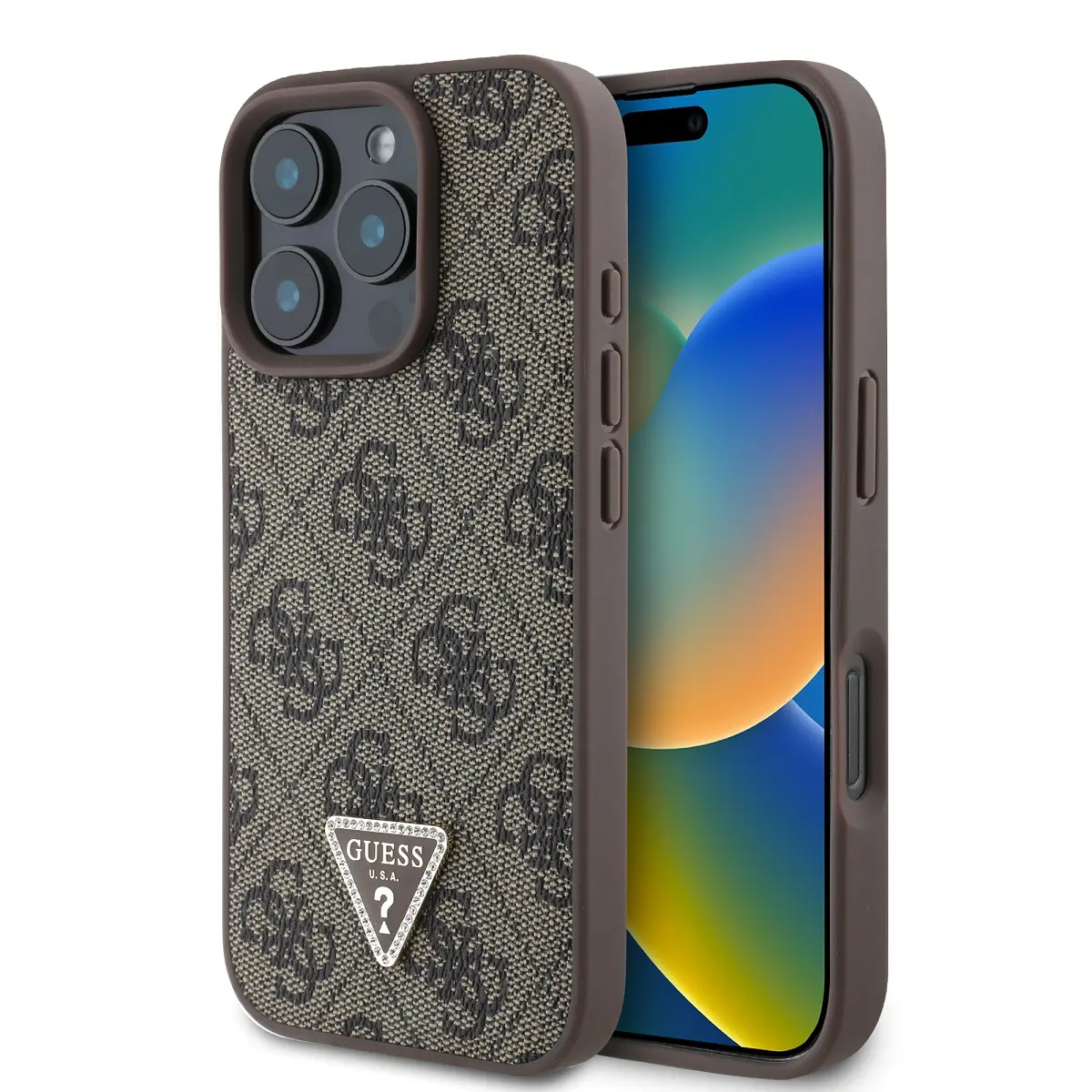 Guess PU 4G Strass Triangle Metal Logo Zadní Kryt pro iPhone 16 Pro Brown GUHCP16LP4TDPW